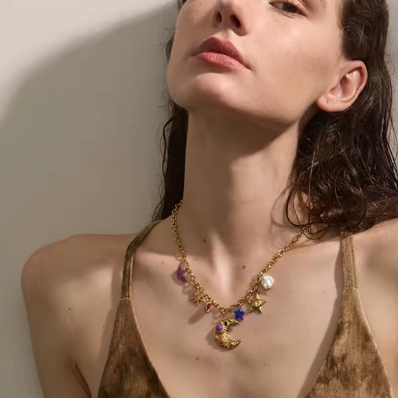 Moon Star Charms 18K Gold Stainless Steel Waterproof Necklace - Picture 4 of 12